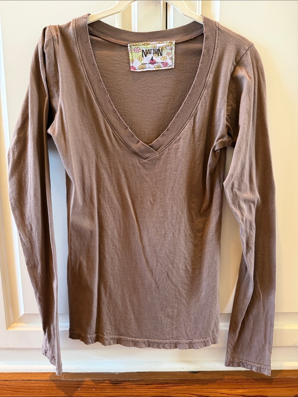 Nation LTD Long Sleeve V-Neck Top — Taupe Brown - small